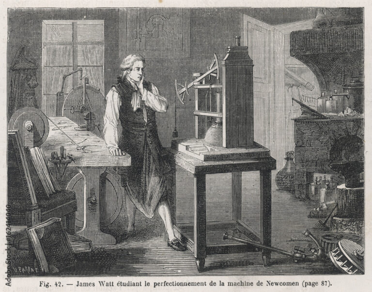 James Watt bei der Entwicklung der Dampflokomotive